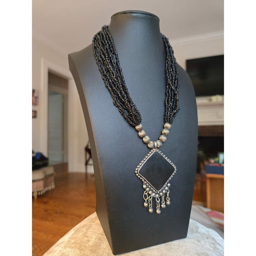 Tribal Style Silvertone Black Necklace Statement Vintage